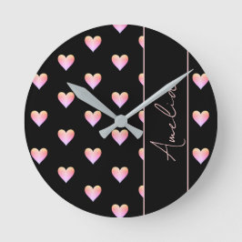 Modernes Herz Schwarz Rosa Personalisiert Runde Wanduhr