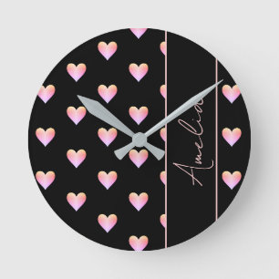 Modernes Herz Schwarz Rosa Personalisiert Runde Wanduhr