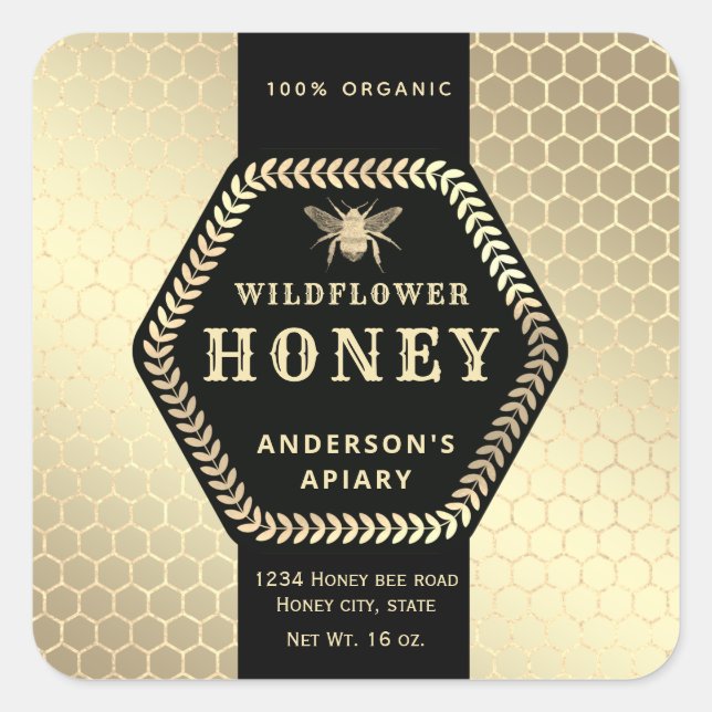 Modernes Hexagon-Filialgold Honigklee Quadratischer Aufkleber (Vorderseite)