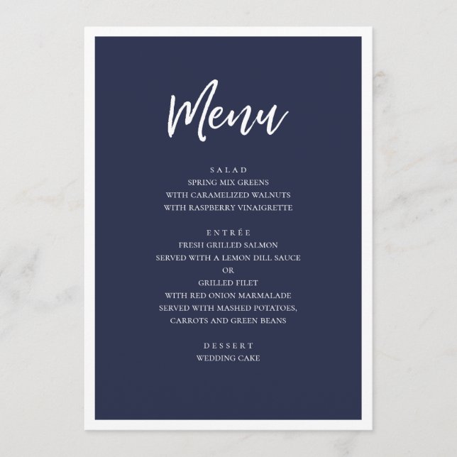 Modernes Hochzeitsessen der Marine. Einfach minima Menükarte (Vorderseite)