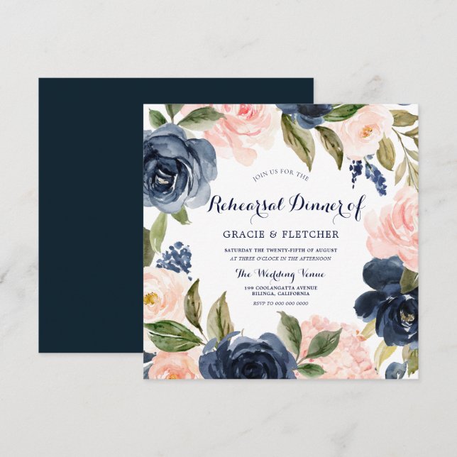 Modernes Hochzeitsessen für Navy & Blush Probe Einladung (Vorne/Hinten)