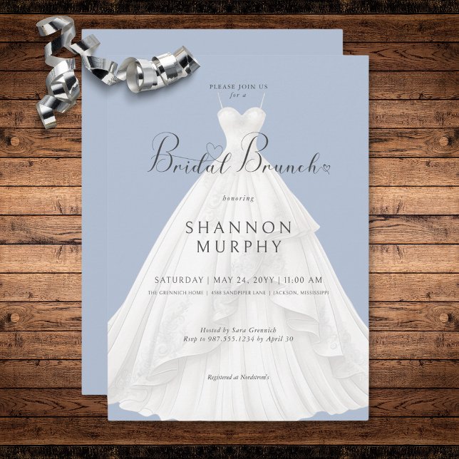 Modernes Hochzeitskleid auf Blue Bridal Brunch Einladung (Modern Wedding Dress on Blue Bridal Brunch Invitation)