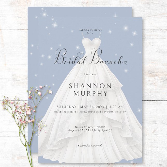 Modernes Hochzeitskleid auf Blue Sparkle Bridal Br Einladung (Modern Wedding Dress on Blue Sparkle Bridal Brunch Invitation)