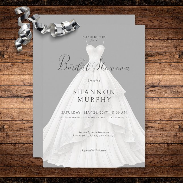 Modernes Hochzeitskleid auf grauem Brautparty Einladung (Modern Wedding Dress on Gray Bridal Shower Invitation)