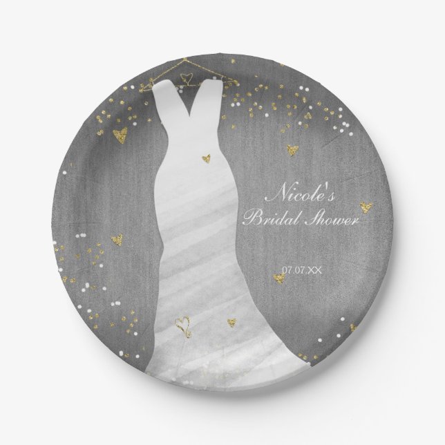 Modernes Hochzeitskleid Confetti Hearts Brautparty Pappteller (Vorderseite)