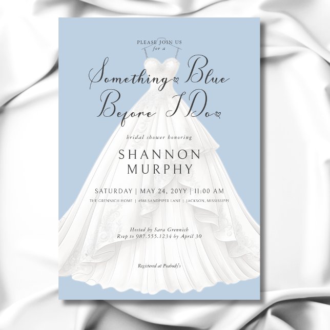 Modernes Hochzeitskleid Etwas Blaues Brautparty Einladung (Modern Wedding Dress Something Blue Bridal Shower Invitation)