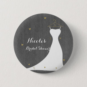 Modernes Hochzeitskleid & Gold Hearts Brautparty Button
