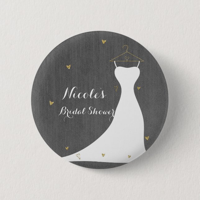Modernes Hochzeitskleid & Gold Hearts Brautparty Button (Vorderseite)