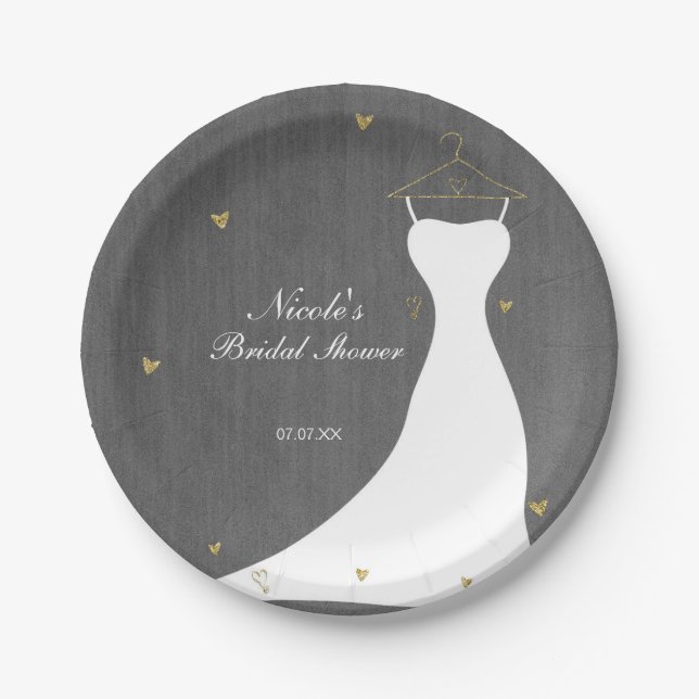Modernes Hochzeitskleid & Gold Hearts Brautparty Pappteller (Vorderseite)