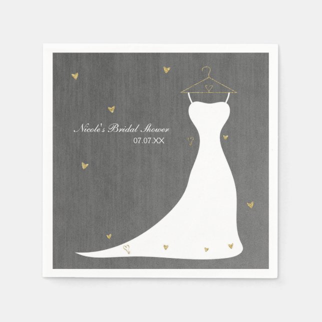 Modernes Hochzeitskleid & Gold Hearts Brautparty Serviette (Vorderseite)