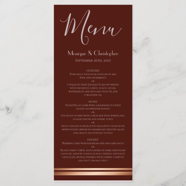 Modernes Hochzeitsmenü für Burgund und Kupfer Menükarte (Vorderseite)