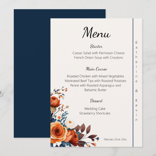 Modernes Hochzeitsmenü für Navy Blue und Burnt Ora Menükarte (Vorne/Hinten)