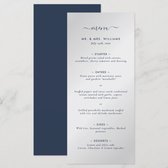 Modernes Hochzeitsmenü für Navy Blue und Silver We Menükarte (Vorne/Hinten)