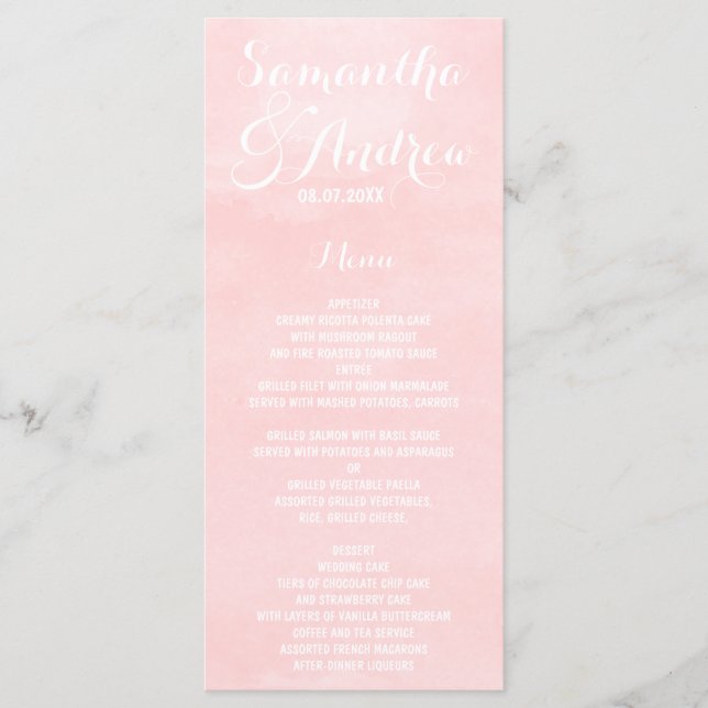 Modernes Hochzeitsmenü in Rosa Menükarte (Vorderseite)