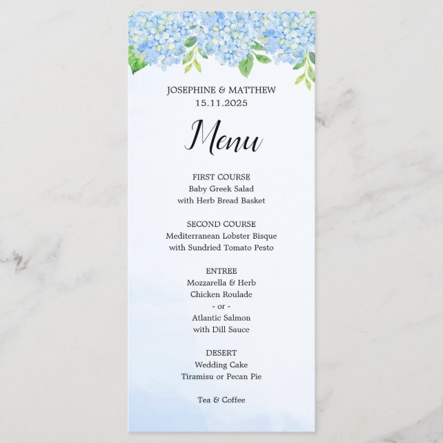 Modernes Hochzeitsmenü von Watercolor Blue Hydrang Menükarte (Vorderseite)