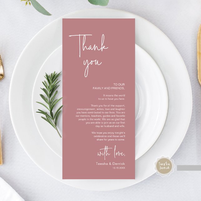 Modernes Hochzeitsplatz - Abendessen dank Karte (Modern Wedding Dinner Place Setting Thank You Card, in Handwriting Script, Dusty Rose Pink)