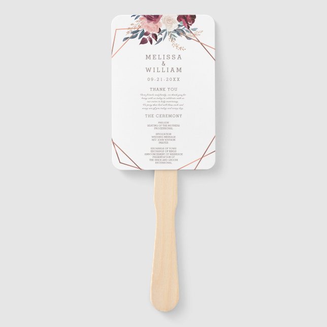 Modernes Hochzeitsprogramm für Burgund-Flora-Elfen Fächer (Vorderseite)