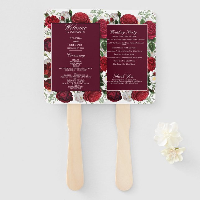 Modernes Hochzeitsprogramm für Burgund-Flora-Water Fächer (Vorne und Hinten)