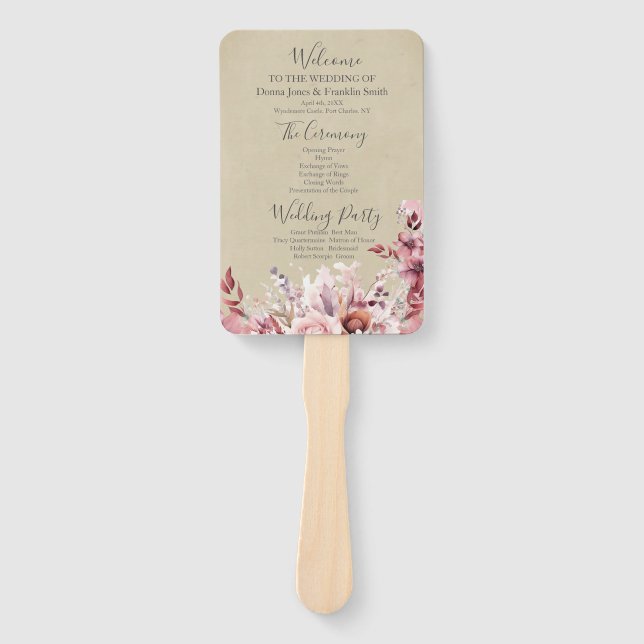 Modernes Hochzeitsprogramm für Dusty Pink Rose Fächer (Vorderseite)