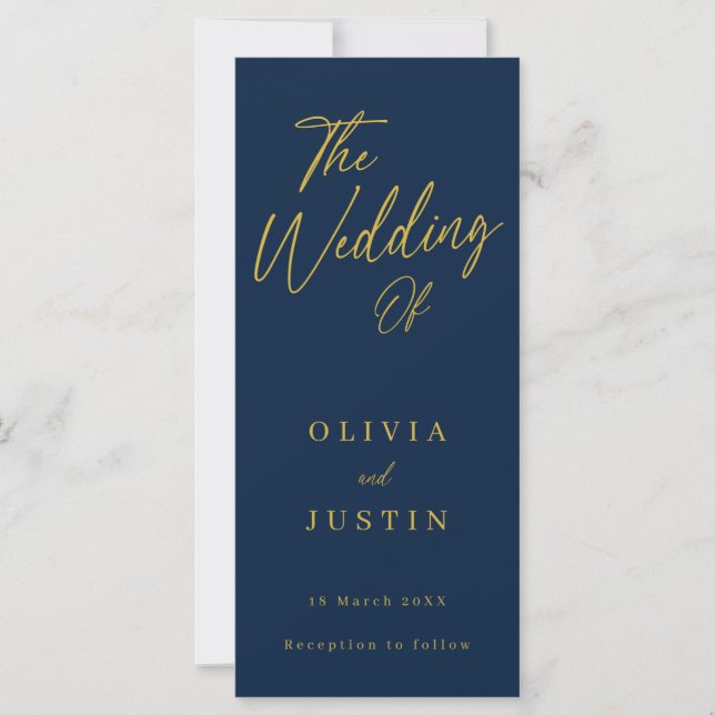 Modernes Hochzeitsprogramm für Navy & Gold-Script (Vorderseite)