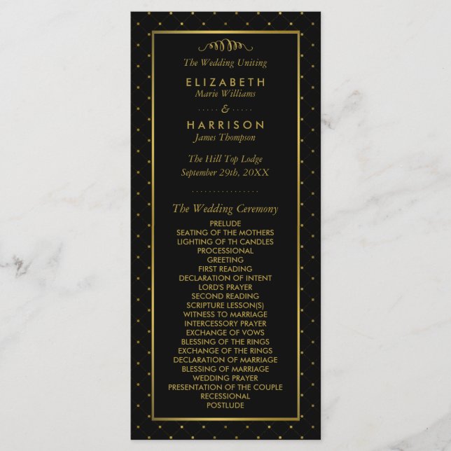 Modernes Hochzeitsprogramm für Schwarze und Gold-F Programm (Vorderseite)