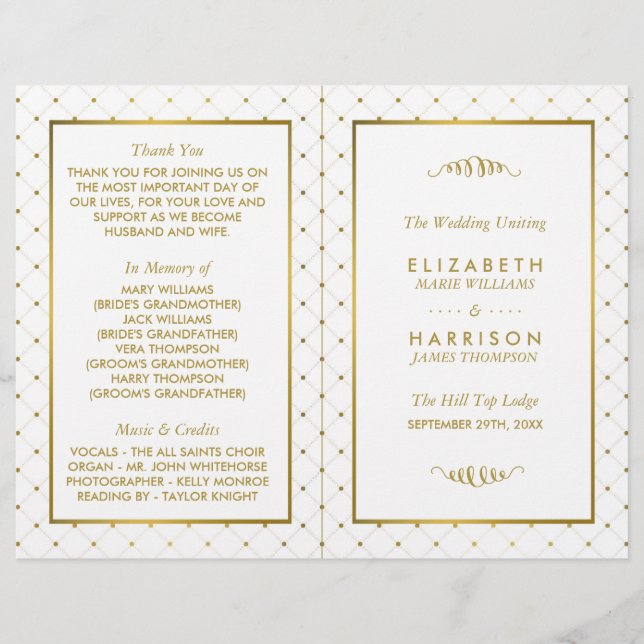 Modernes Hochzeitsprogramm für White & Gold Foil (Vorderseite)