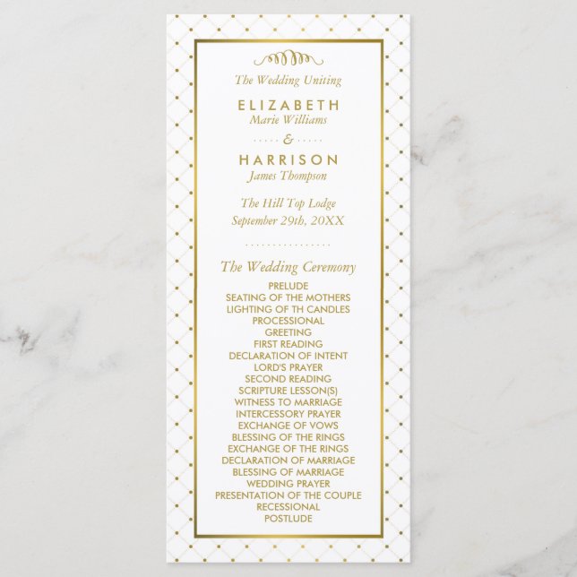 Modernes Hochzeitsprogramm für White & Gold Foil Programm (Vorderseite)