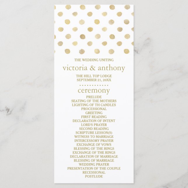 Modernes Hochzeitsprogramm für White & Gold Polka  Programm (Vorderseite)