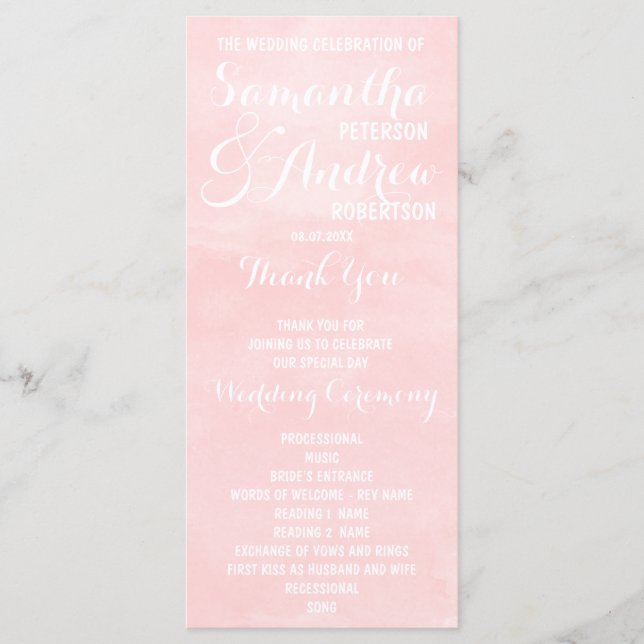 Modernes Hochzeitsprogramm mit Rosa Aquarell Programm (Vorderseite)