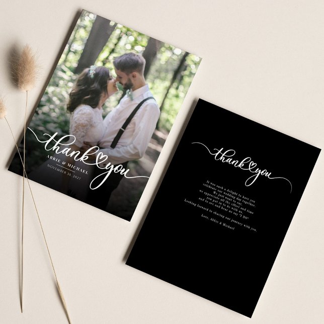 Modernes Hochzeitssemble Foto - Danke schön Mitteilungskarte (Newlyweds Photo Hand-Lettered Script Wedding Thank You Note Card)