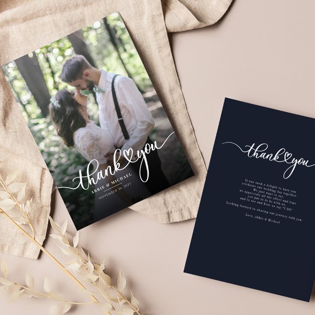 Modernes Hochzeitssemble - Foto mit handgeschriebe Mitteilungskarte (Wedding Photo Script Typography Thank You Notecard)