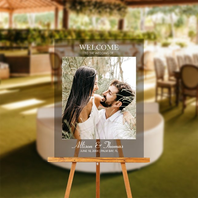 Modernes Hochzeitssemble - Foto Willkommen Schwarz Acrylschild (Make a dazzling entrance and warmly greet guests with our captivating photo acrylic wedding sign!)