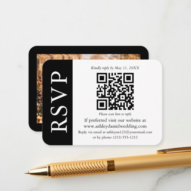 Modernes Hochzeitsstichtal QR UAWG Schwarz und Wei Begleitkarte (Vorderseite/Rückseite Beispiel)