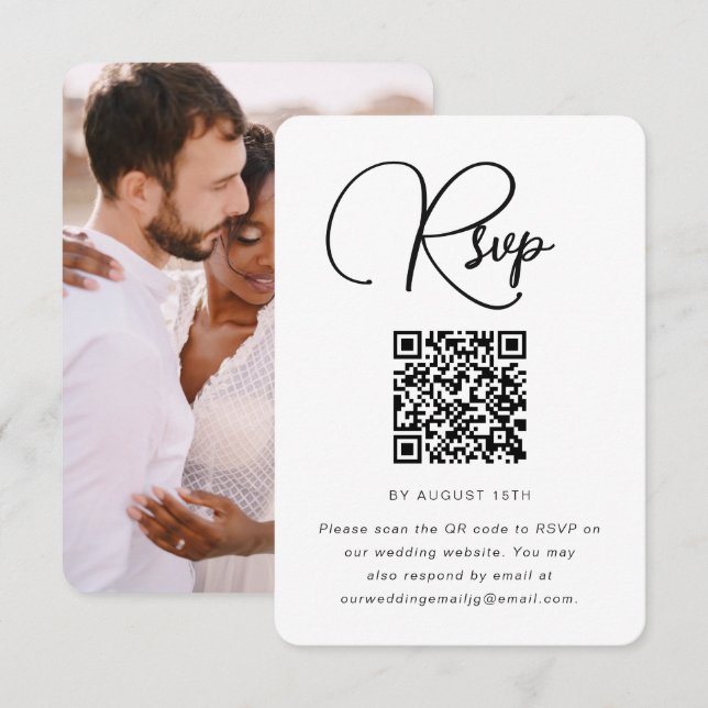 Modernes Hochzeitsszenario mit QR-Code und Foto RSVP Karte (Vorne/Hinten)
