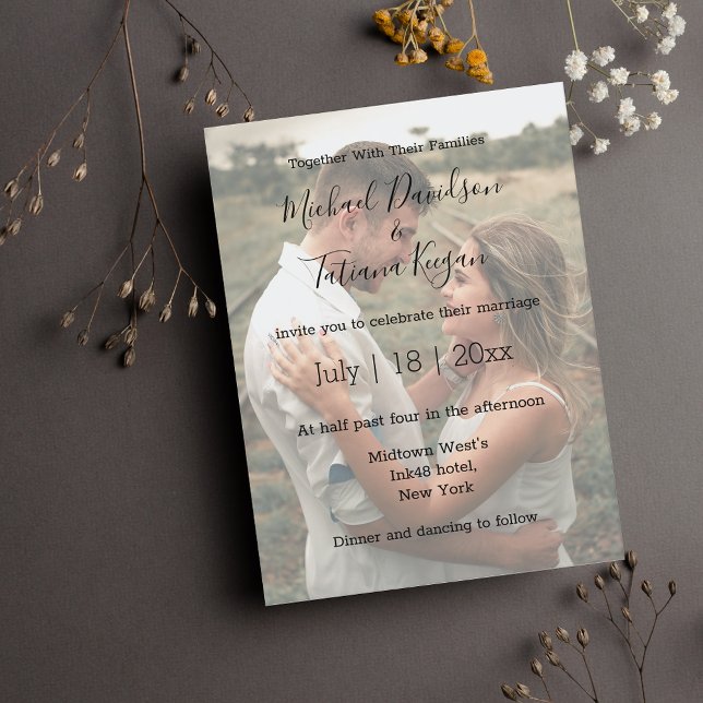 Modernes Hochzeitstag Foto verblasst Overlay Einla Einladungspostkarte (Von Creator hochgeladen)