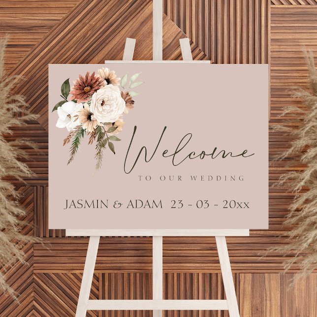 Modernes Hochzeitszeichen der Rose Gold und Grüne  Poster (Rustic Dusty Pink and Green Floral Wedding Sign)