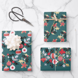 Modernes Holiday Red Silver & Gold Ornamente Aquam Geschenkpapier Set