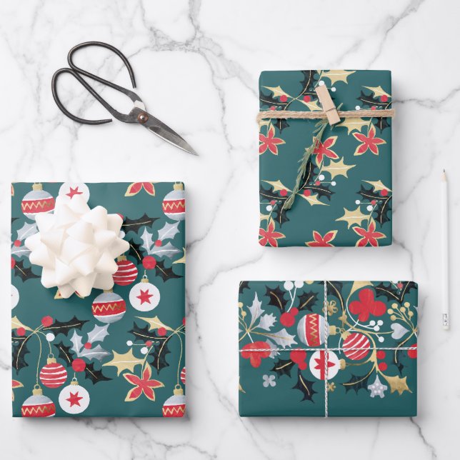 Modernes Holiday Red Silver & Gold Ornamente Aquam Geschenkpapier Set (Vorderseite)