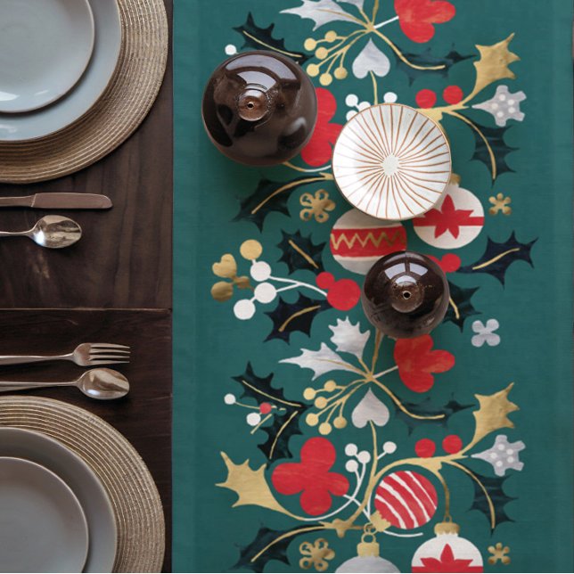 Modernes Holiday Red Silver & Gold Ornamente Aquam Kurzer Tischläufer (Modern Christmas Ornaments Teal Table Runner with Silver Gold & Red accents)