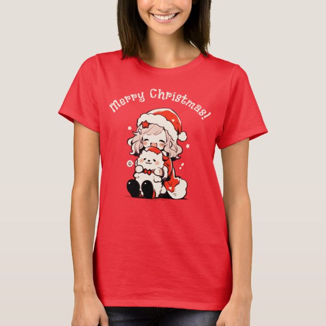 Modernes Holiday Whimsical Girl mit Dog Weihnachte T-Shirt (Vorderseite)