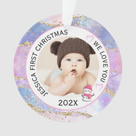 Modernes Holographic Baby Girl First Christmas Fot Ornament
