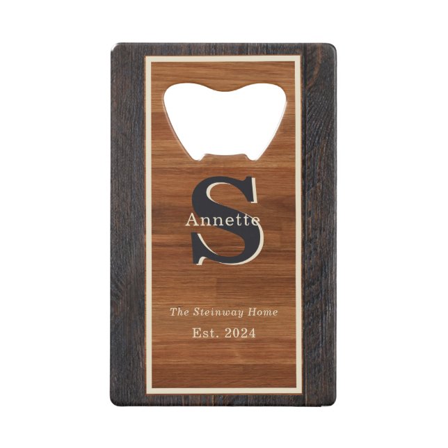 Modernes Holz Hue 2Tone Monogram Square Geldbeutel Flaschenöffner (Rückseite)