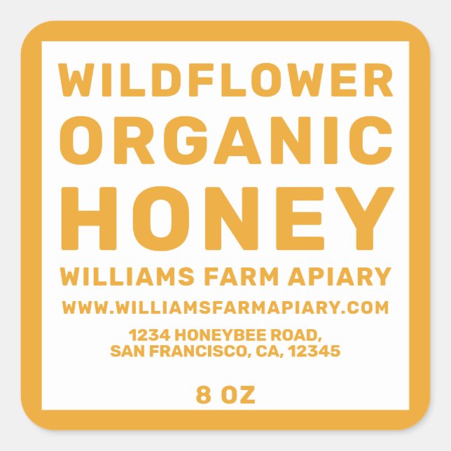 Modernes Honey Jar Label Honeybee Apiary Yellow Quadratischer Aufkleber (Vorderseite)