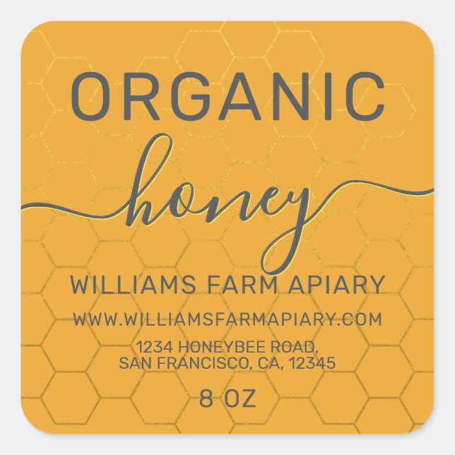 Modernes Honey Jar Label Honeybee Apiary Yellow Quadratischer Aufkleber (Vorderseite)