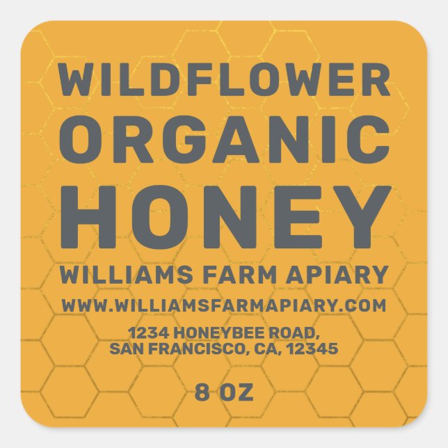 Modernes Honey Jar Label Honeybee Apiary Yellow Quadratischer Aufkleber (Vorderseite)