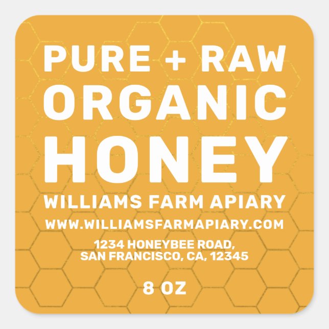 Modernes Honey Jar Label Honeybee Apiary Yellow Quadratischer Aufkleber (Vorderseite)