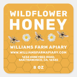 Modernes Honey Jar Label Honeybee Apiary Yellow Quadratischer Aufkleber