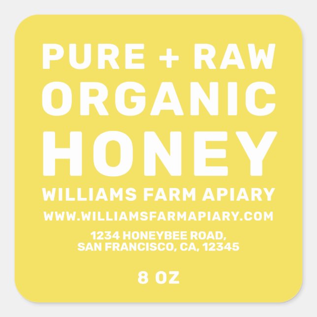 Modernes Honey Jar Label Honeybee Apiary Yellow Quadratischer Aufkleber (Vorderseite)