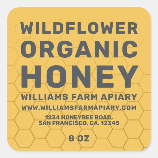 Modernes Honey Jar Label Honeybee Apiary Yellow Quadratischer Aufkleber (Vorderseite)