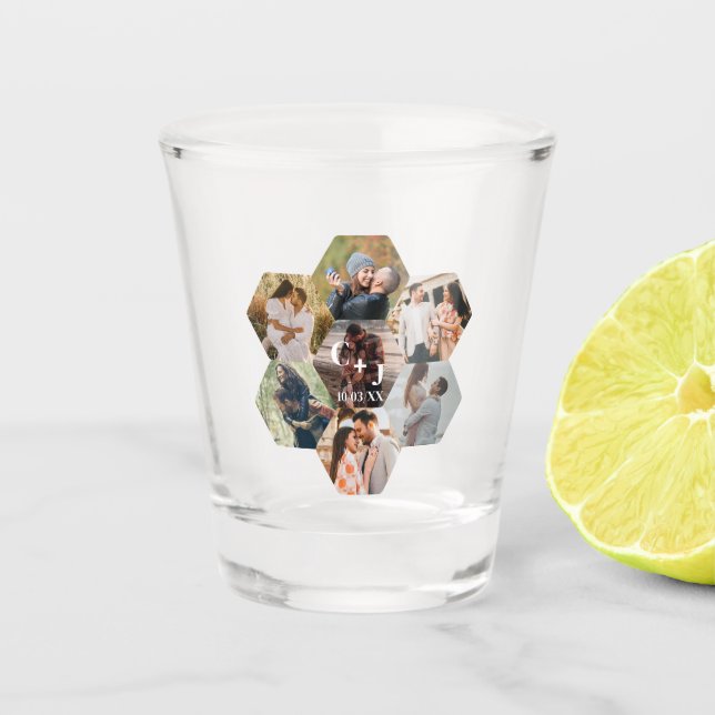 Modernes Honeycomb-Foto, maßgeschneiderte Hochzeit Schnapsglas (Vorderseite)